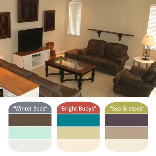 Living Room "Before" with the three color choices voted on by Pfister's Facebook fans.