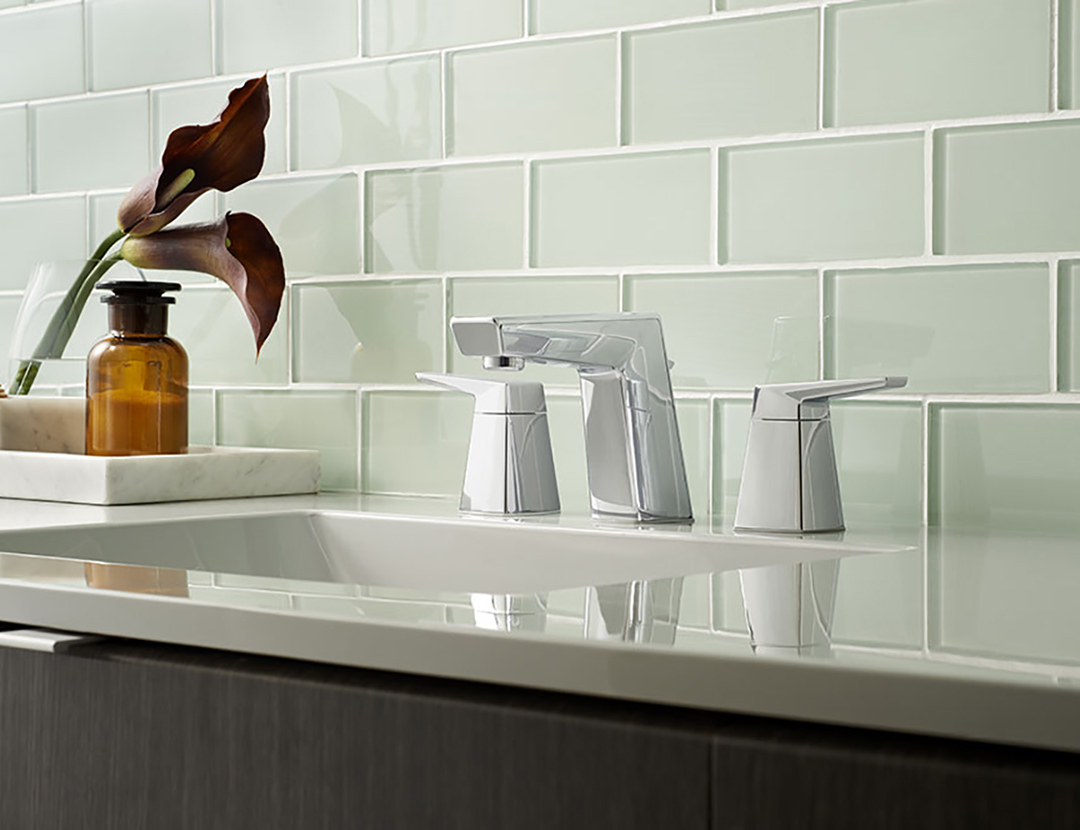 The faucet offers a beautiful contrast of clean modern elegance and stirring visual angularity.